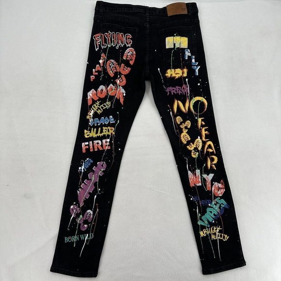 Waimea Men's Graffiti Print Artsy Colorful Black Denim Jeans Size 34 Skinny Fit - Picture 2 of 9